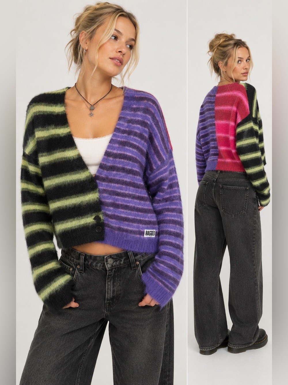 RAGGED Jeans Fuzzy Colorblock Striped Cardigan Size M - Picture 5 of 5